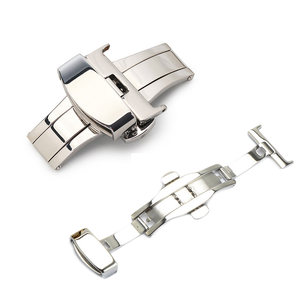 Mesh Stainless Strap - 18-mm-Edelstahl-Doppel-Druckverschluss, nicht-automatische Armbandschnalle, Schmetterlingszubehör, poliertes Silber